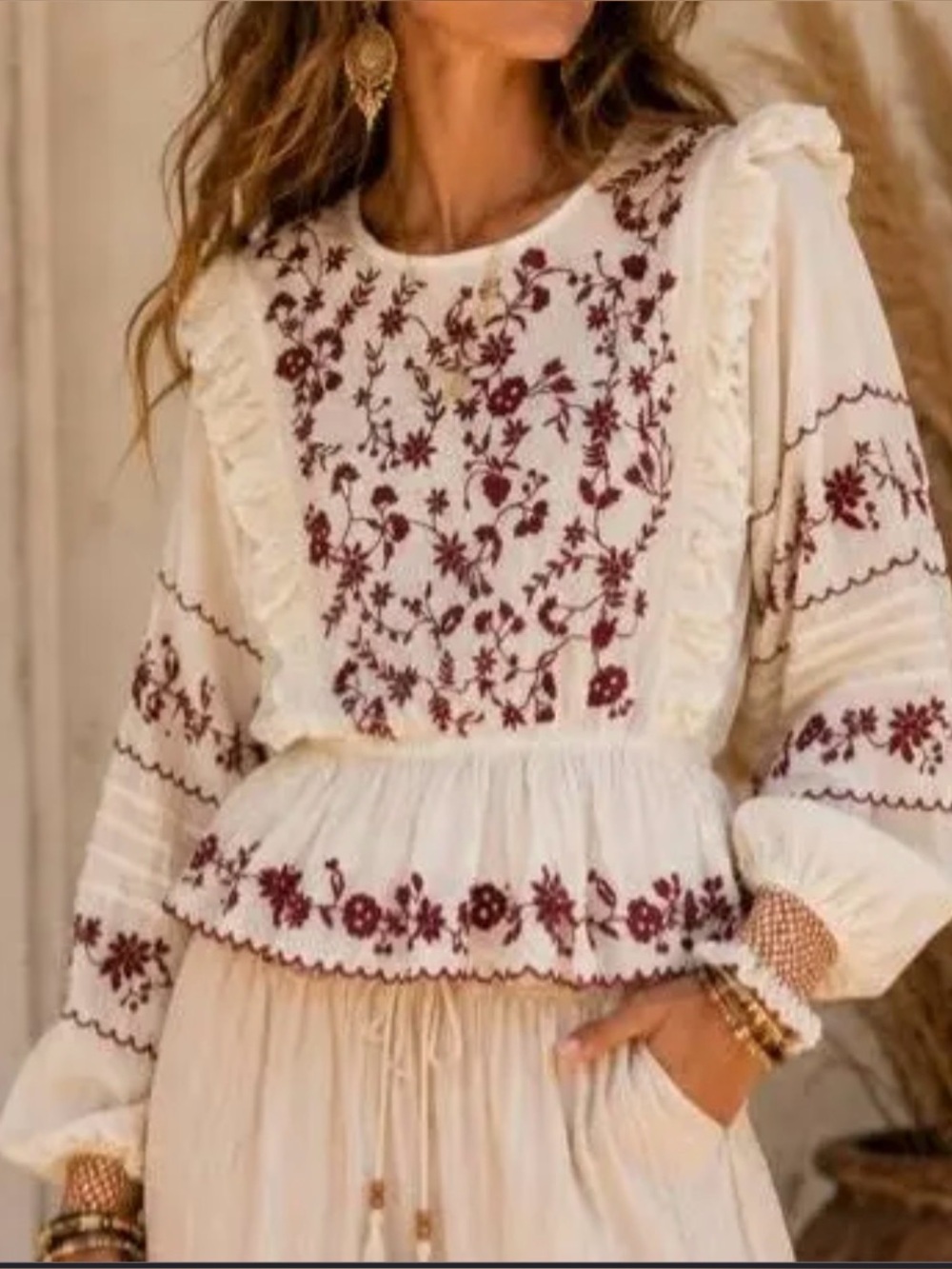Cream Peasant Blouse with Wine Floral Embroidery